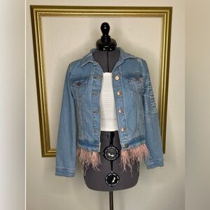 Youth Girl L Arizona Light Blue Jean Denim Jacket Detachable Pink Feather Hem